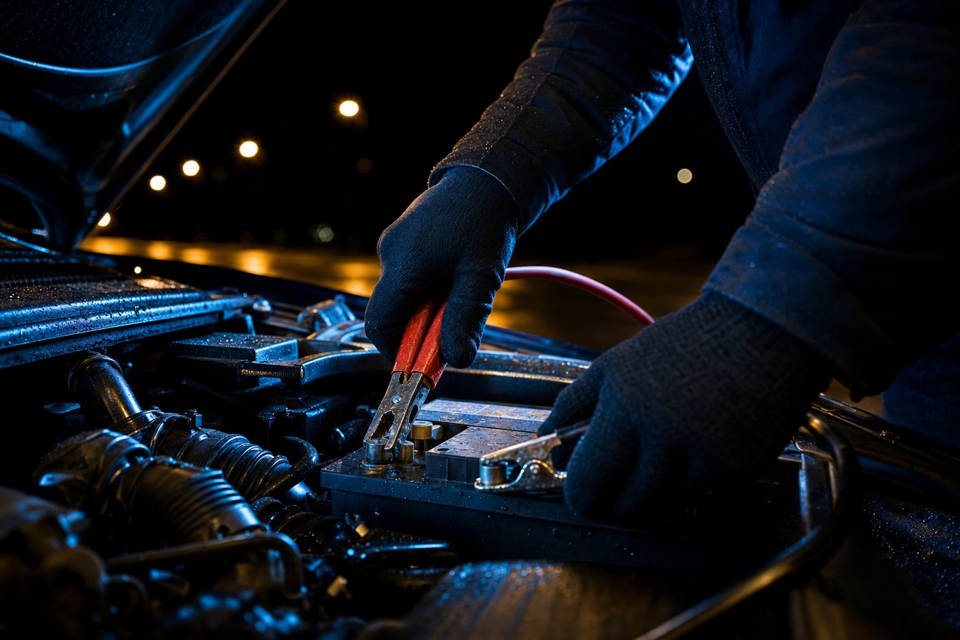 Technician connecting jumper cables to a car battery at night